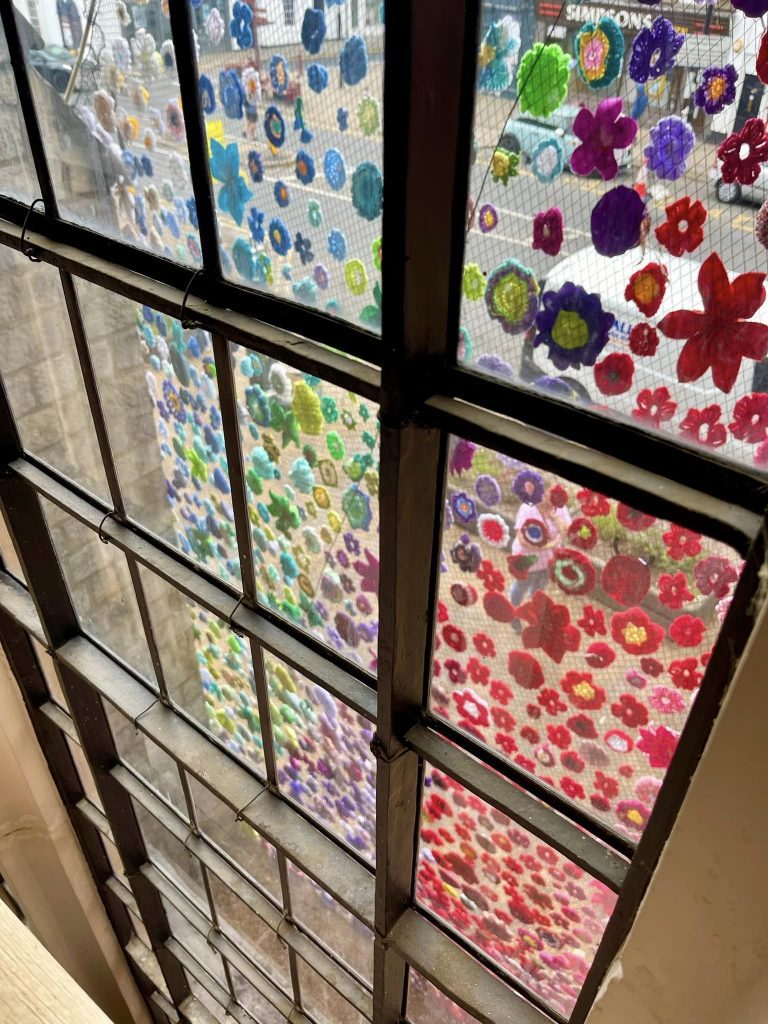 Flower tower art installation looking out from the inside